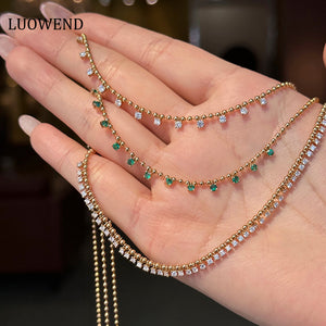 LUOWEND 18K Rose Gold Real Natural Emerald or Diamond Necklace for Women