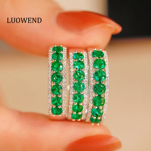 LUOWEND 18K White Gold Real Natural Emerald Ring for Women