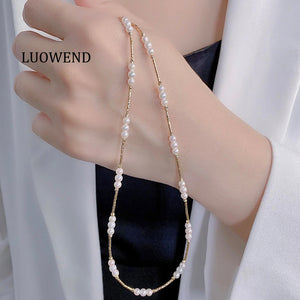 LUOWEND 18K Yellow Gold Natural Akoya Pear Necklace for Women