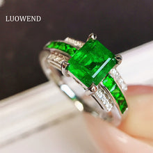 Load image into Gallery viewer, LUOWEND 18K White Gold Real Natural Emerald Ring for Women
