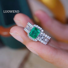 Load image into Gallery viewer, LUOWEND 18K White Gold Real Natural Diamond and Emerald Ring for Women
