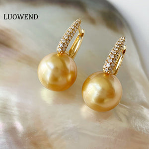 LUOWEND 18K Yellow Gold Real Natural Gold Pearl Earrings for Women
