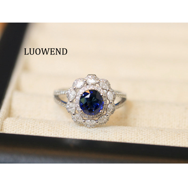 LUOWEND 18K White Gold Natural Sapphire Ring for Women