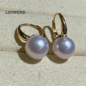 LUOWEND 18K Yellow Gold Real Natural Akoya Pearl Earrings for Women