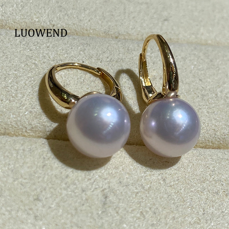 LUOWEND 18K Yellow Gold Real Natural Akoya Pearl Earrings for Women
