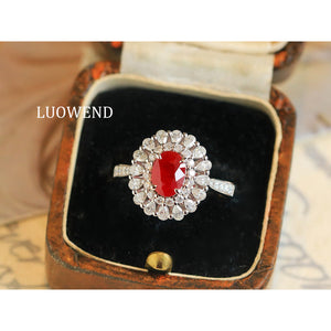 LUOWEND 18K White Gold Natural Ruby Ring for Women