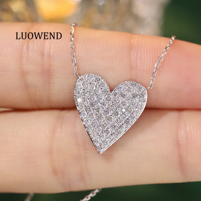 LUOWEND 18K White Gold Natural Diamond Pendant Necklace for Women