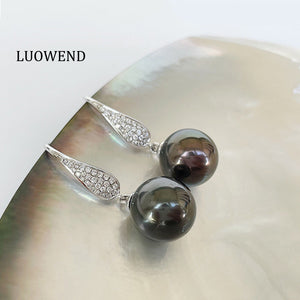 LUOWEND 18K White Gold Real Natural Diamond and Tahiti Black Pearl Earrings for Women