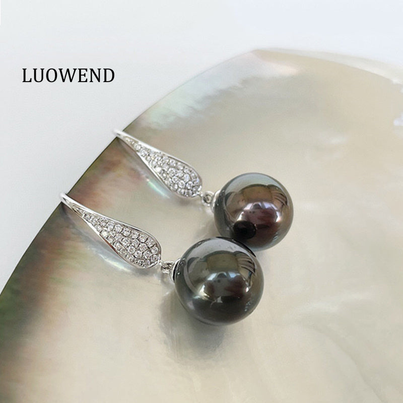 LUOWEND 18K White Gold Real Natural Diamond and Tahiti Black Pearl Earrings for Women