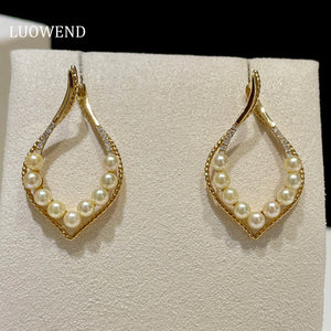 LUOWEND 18K White or Yellow Gold Real Natural Akoya Pearl Earrings for Women