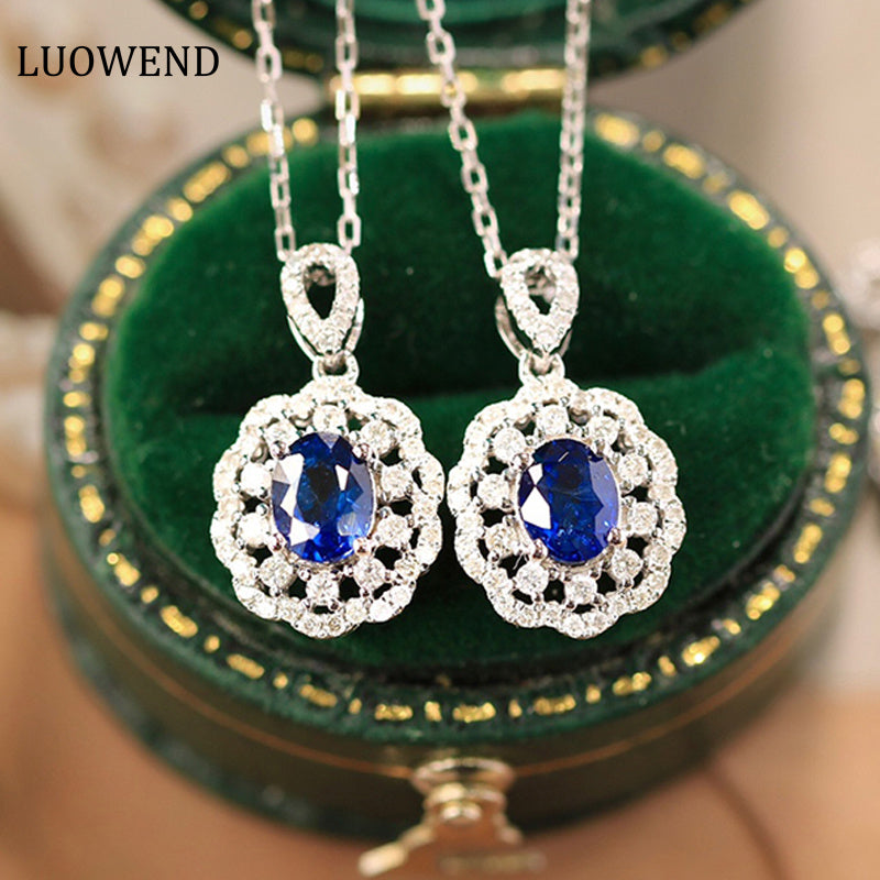 LUOWEND 18K White Gold Real Natural Sapphire and Diamond Gemstone Necklace for Women