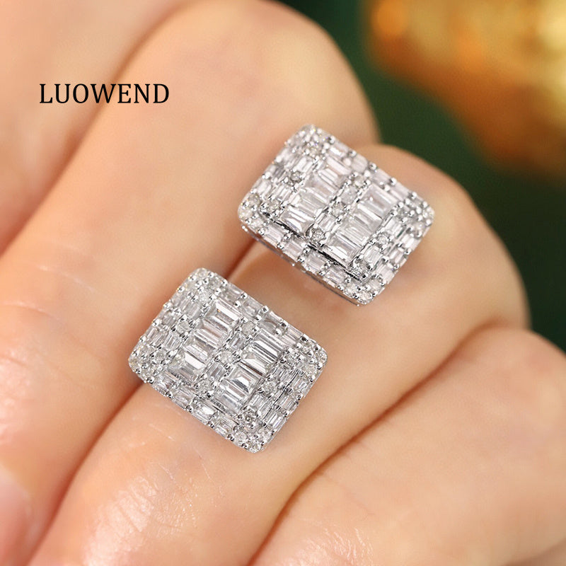 LUOWEND 18K White Gold Real Natural Diamond Stud Earrings for Women