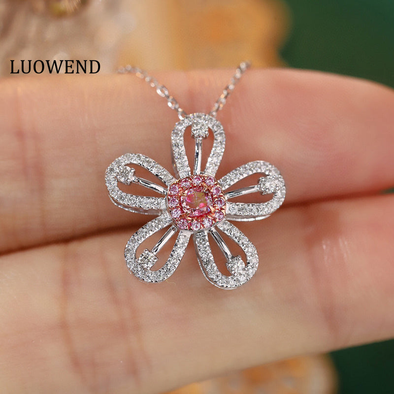 LUOWEND 18K White Gold Real Natural Pink Diamond Necklace for Women