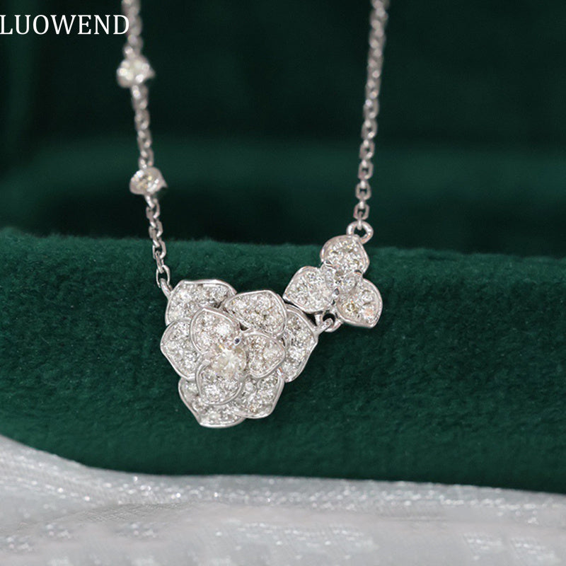 LUOWEND 18K White Gold Real Natural Diamond Pendant Necklace for Women