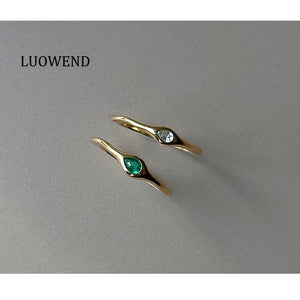 LUOWEND 18K Yellow Gold Natural Diamond/Emerald Ring for Women