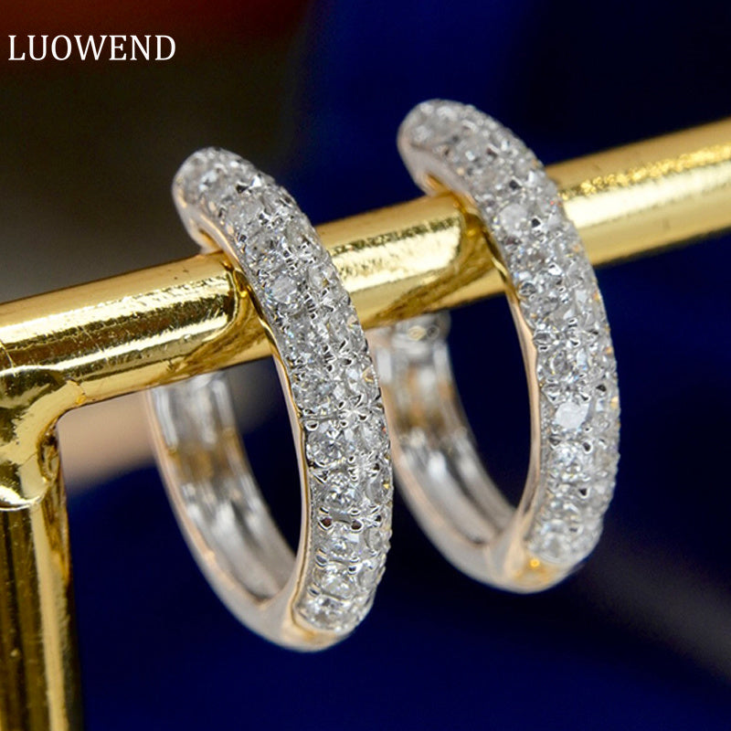 LUOWEND 18K White Gold Real Natural Diamond Hoop Earrings for Women