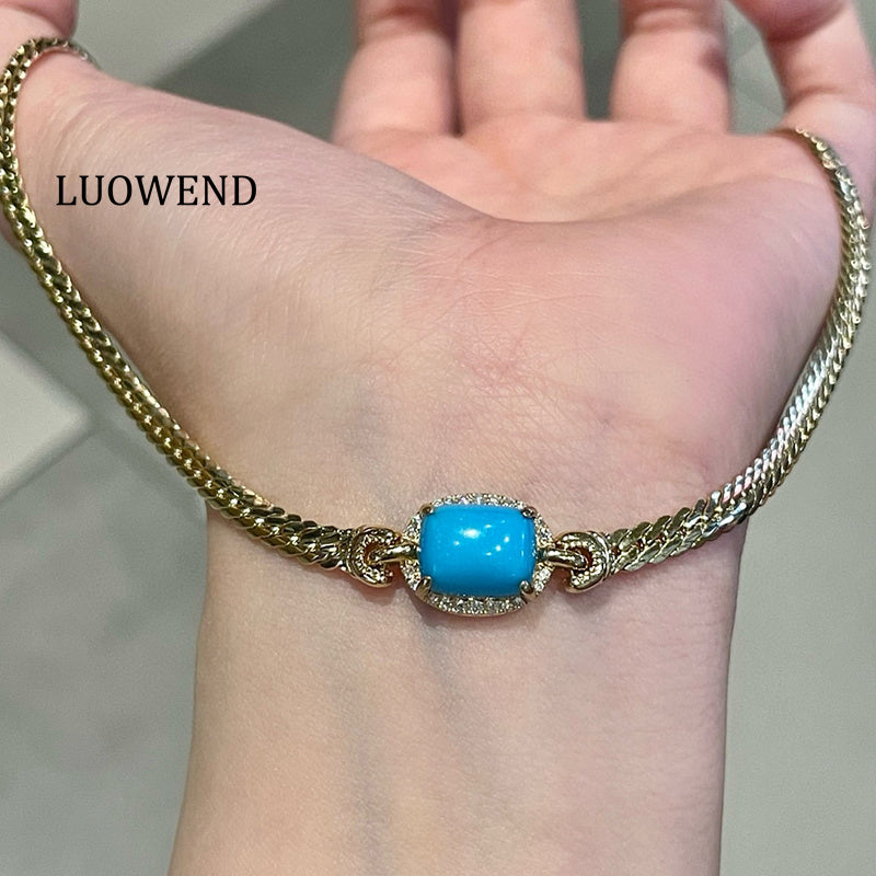 LUOWEND 18K Yellow Gold Natural Turquoise Necklace for Women