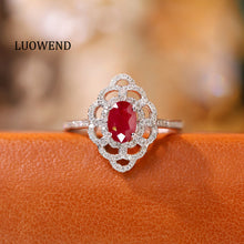 Load image into Gallery viewer, LUOWEND 18K White Gold Real Natural Diamond and Ruby Ring for Women
