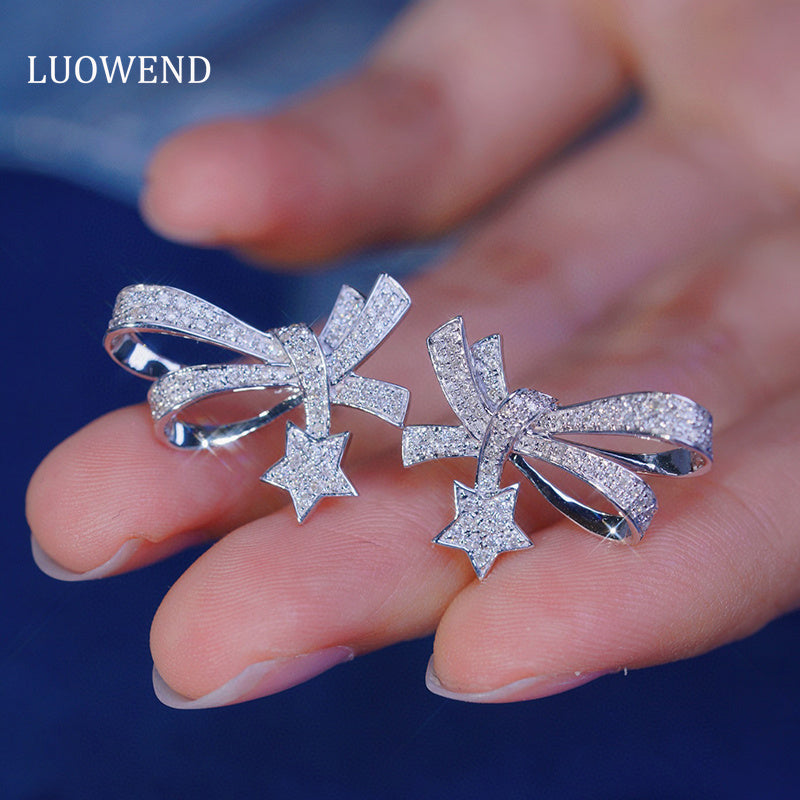 LUOWEND 18K White Gold Real Natural Diamond Stud Earrings for Women
