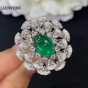 LUOWEND 18K White and Yellow Gold Real Natural Emerald Gemstone Ring for Women