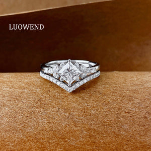 LUOWEND 18K White Gold Natural Diamond Ring for Women