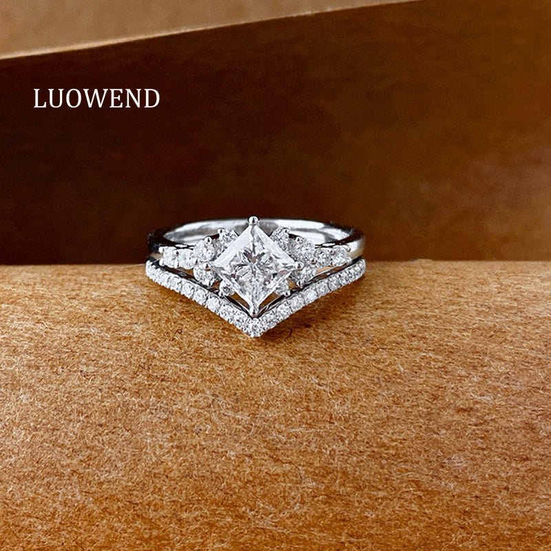 LUOWEND 18K White Gold Natural Diamond Ring for Women