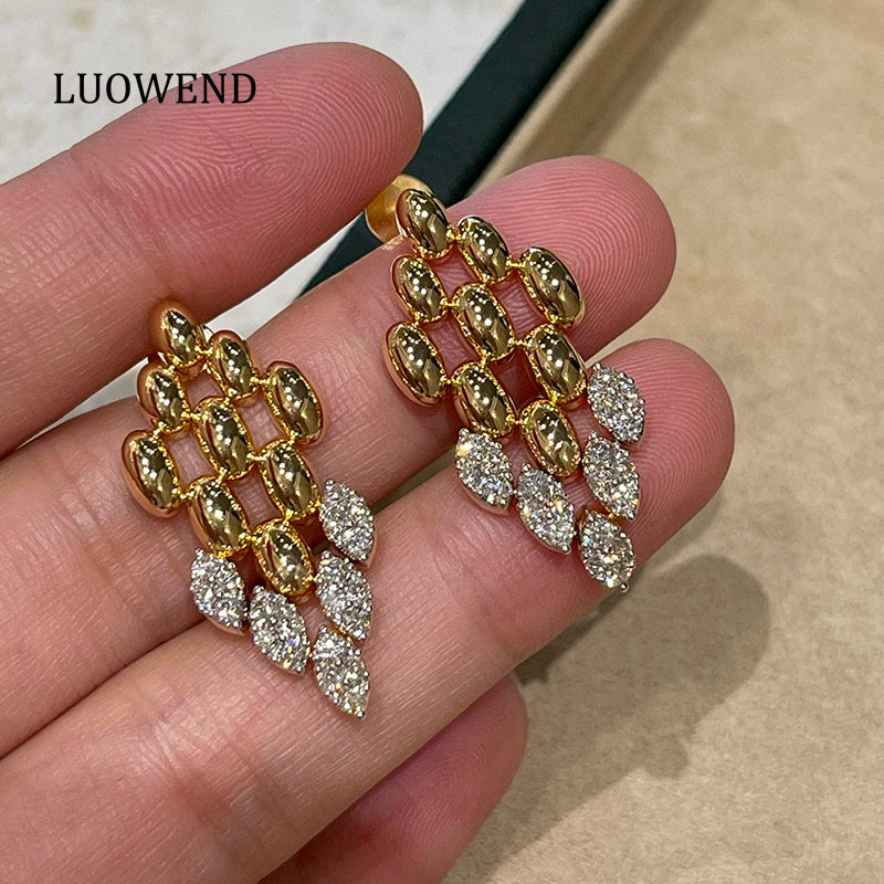 LUOWEND 18K Yellow Gold Natural Diamond Drop Earrings for Women