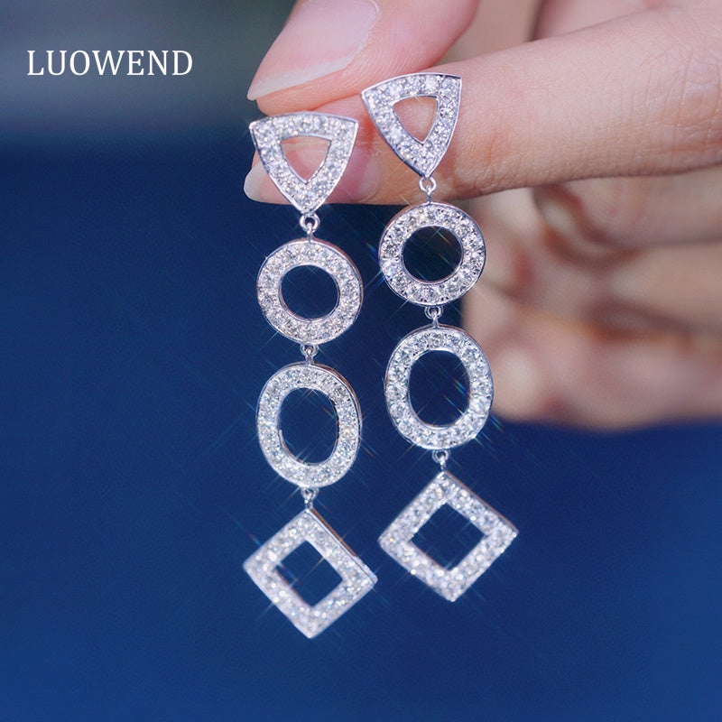 LUOWEND 18K White Gold Real Natural Diamond Drop Earrings for Women