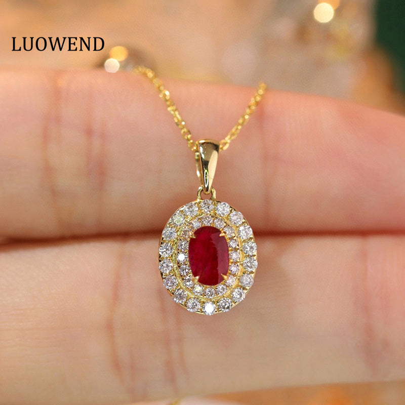 LUOWEND 18K Yellow Gold Real Natural Ruby and Diamond Gemstone Necklace for Women