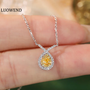 LUOWEND 18K White Gold Real Natural Yellow Diamond Necklace for Women