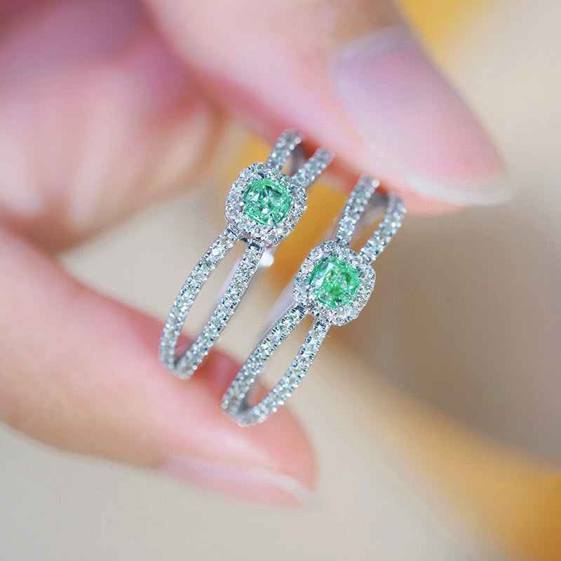 LUOWEND 18K White Gold Real Natural Green Diamond Ring for Women