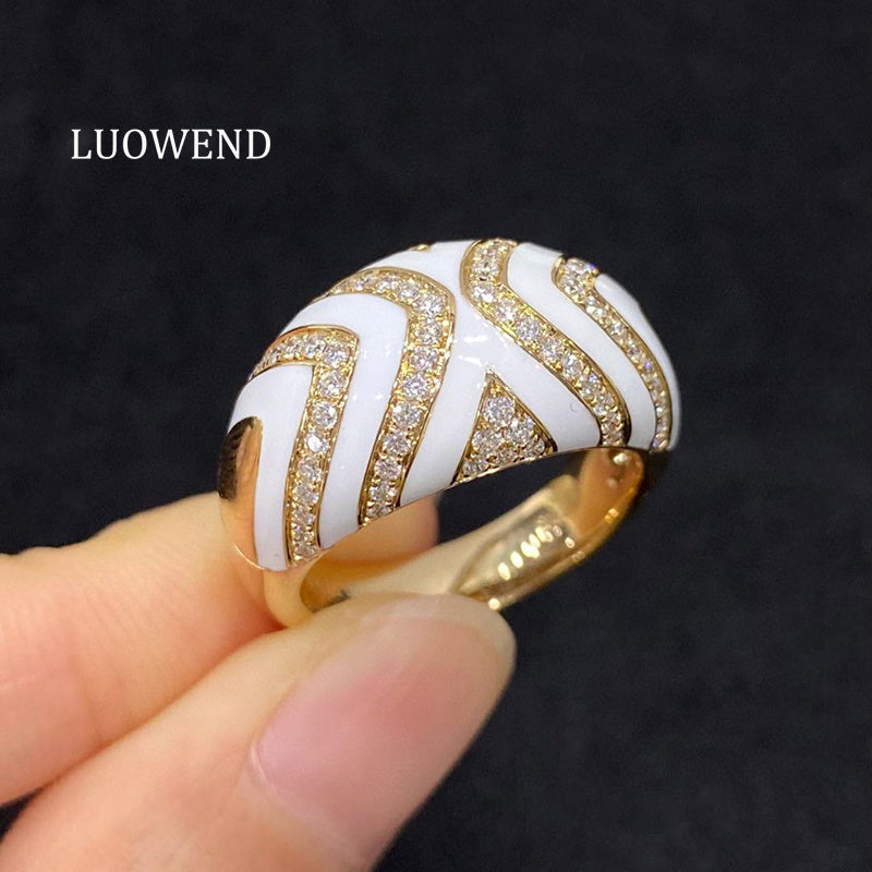 LUOWEND 18K Yellow Gold Natural Diamond Ring for Women