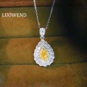 LUOWEND 18K White Gold Real Natural Yellow Diamond Pendant Necklace for Women