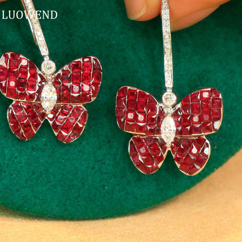 LUOWEND 18K White Gold Real Natural Diamond and Ruby Earrings for Women