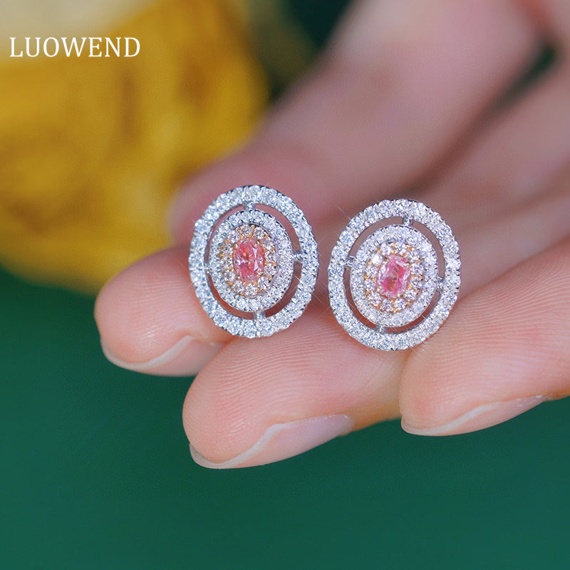LUOWEND 18K White Gold Real Natural Pink Diamond Stud Earrings for Women