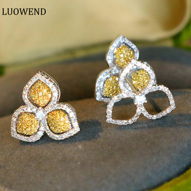 LUOWEND 18K White Gold Real Natural Yellow Diamond Stud Earrings for Women