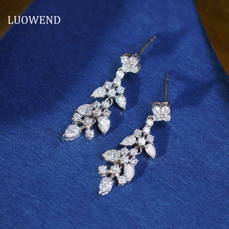 LUOWEND 18K White Gold Real Natural Diamond Drop Earrings for Women