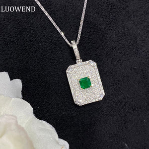 LUOWEND 18K White and Yellow Gold Real Natural Emerald Gemstone Necklace for Women