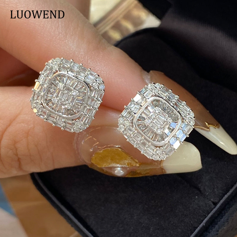 LUOWEND 18K White Gold Real Natural Diamond Stud Earrings for Women