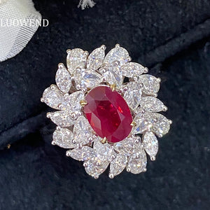 LUOWEND 18K White Gold Real Natural Ruby and Diamond Gemstone Ring for Women