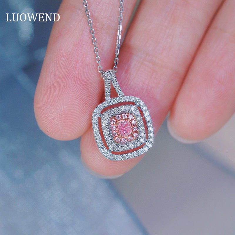 LUOWEND 18K White Gold Real Natural Pink Diamond Pendant Necklace for Women