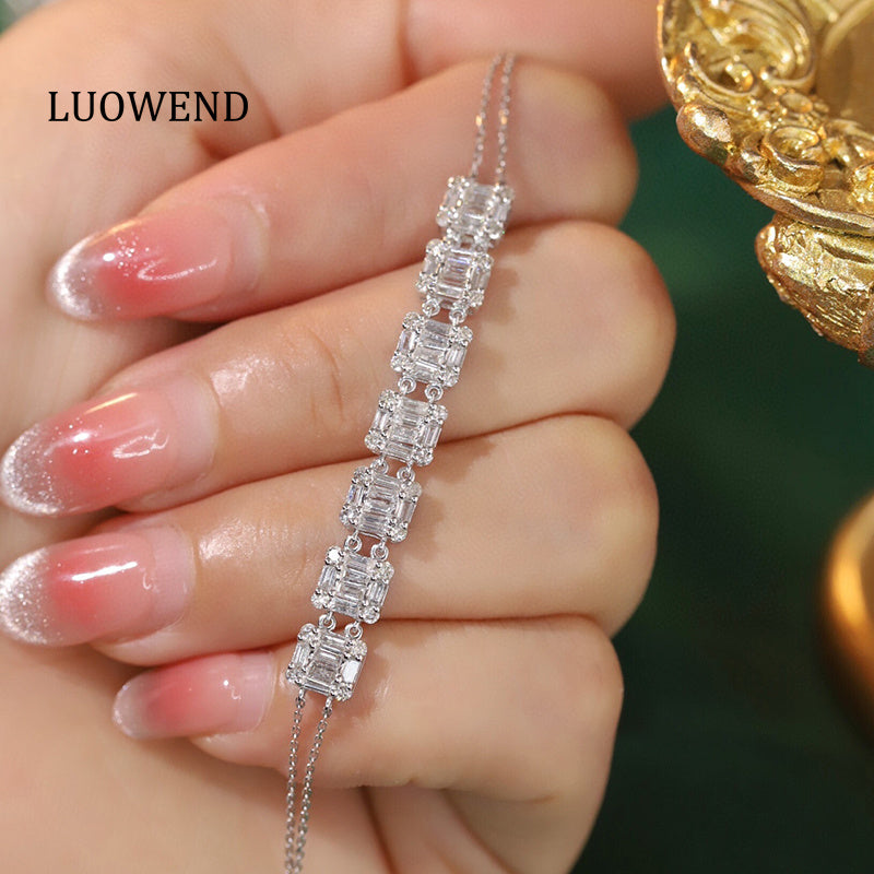 LUOWEND 18K White Gold Real Natural Diamond Bracelet for Women