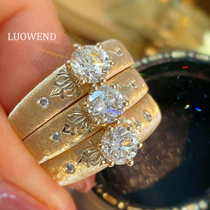 LUOWEND 18K Yellow Gold Natural Diamond Ring for Women