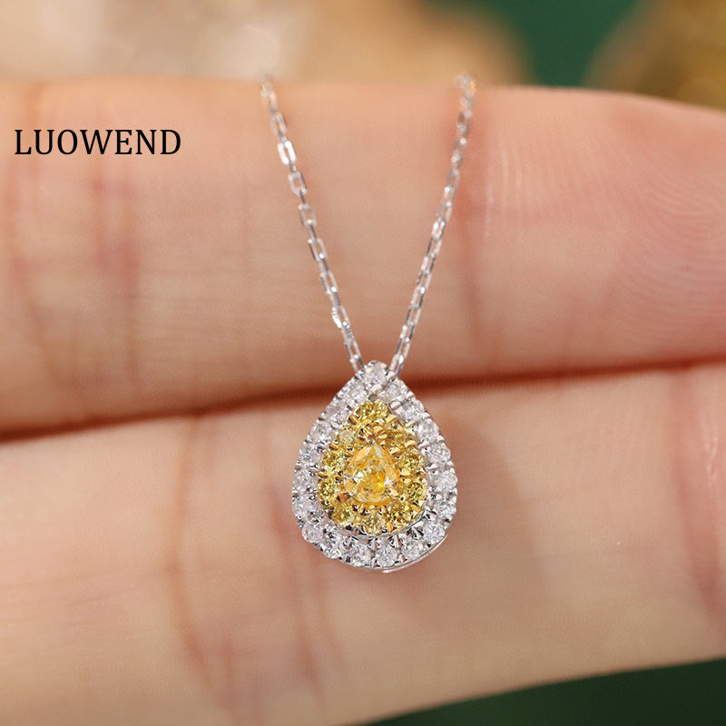 LUOWEND 18K White Gold Real Natural Yellow Diamond Necklace for Women