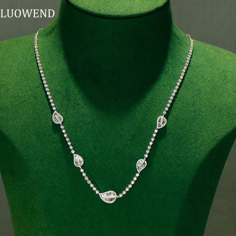 LUOWEND 18K White Gold Real Natural Diamond Necklace for Women