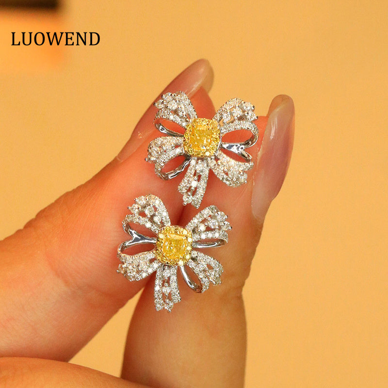LUOWEND 18K White Gold Real Natural Yellow Diamond Stud Earrings for Women