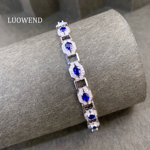LUOWEND 18K White Gold Natural Diamond and Sapphire Bracelet for Women