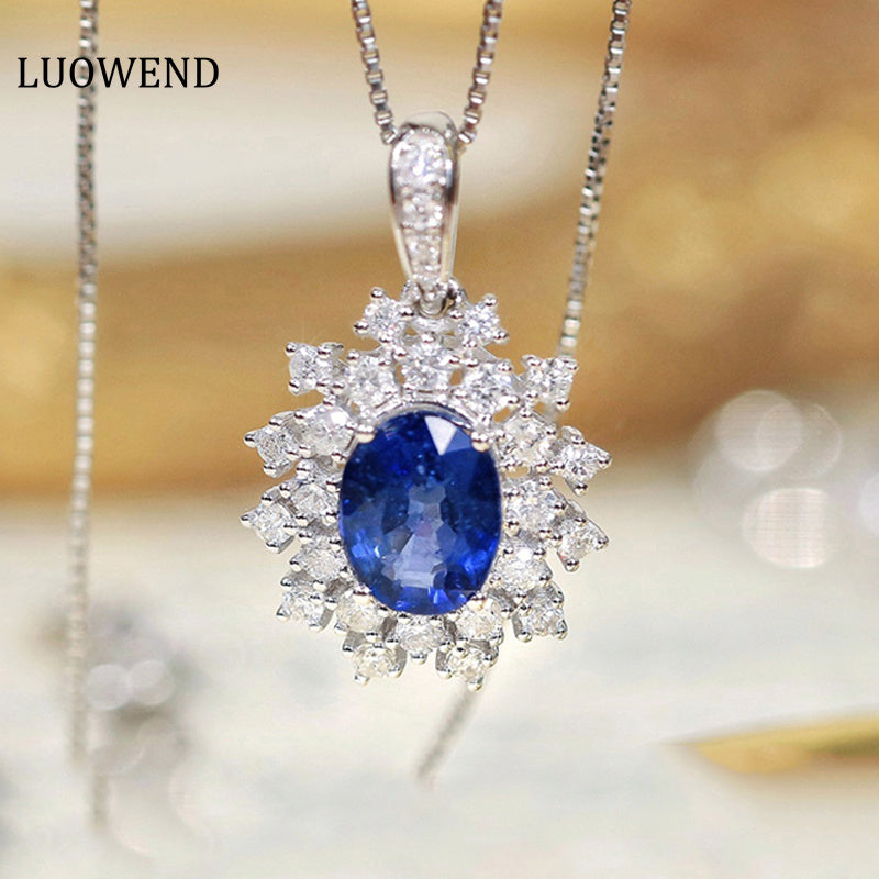 LUOWEND 18K White Gold Real Natural Sapphire and Diamond Gemstone Necklace for Women
