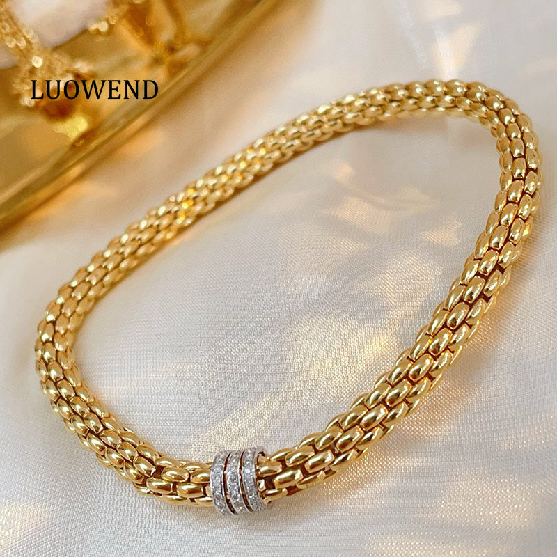 LUOWEND 18K White+Yellow Gold Natural Diamond Bracelet for Women