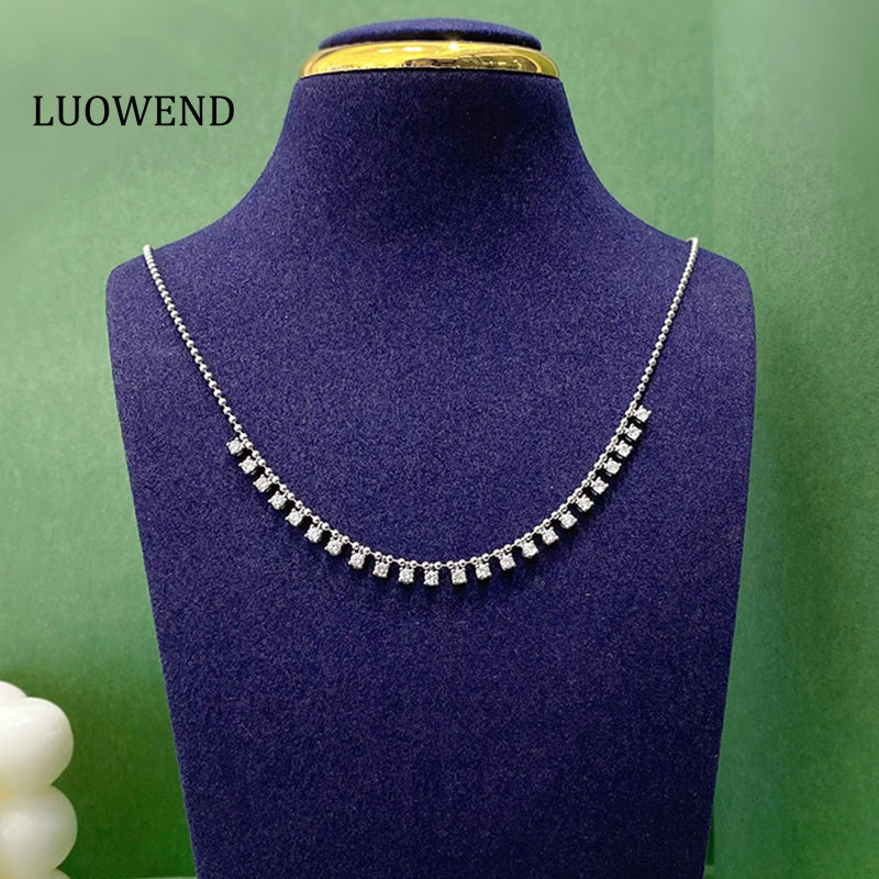 LUOWEND 18K White Gold Real Natural Diamond Necklace for Women